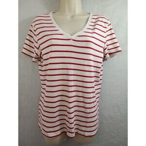 faded glory top Women Large Red And White Striped V Neck Short Sleeve‎